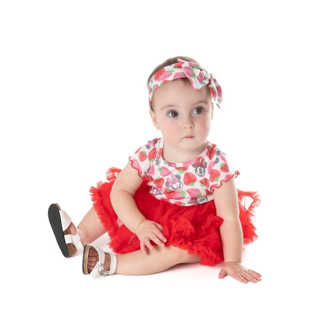 NWT Disney Baby Minnie Mouse Red & Pink Strawberry Romper w/ Headband 6/9 Months